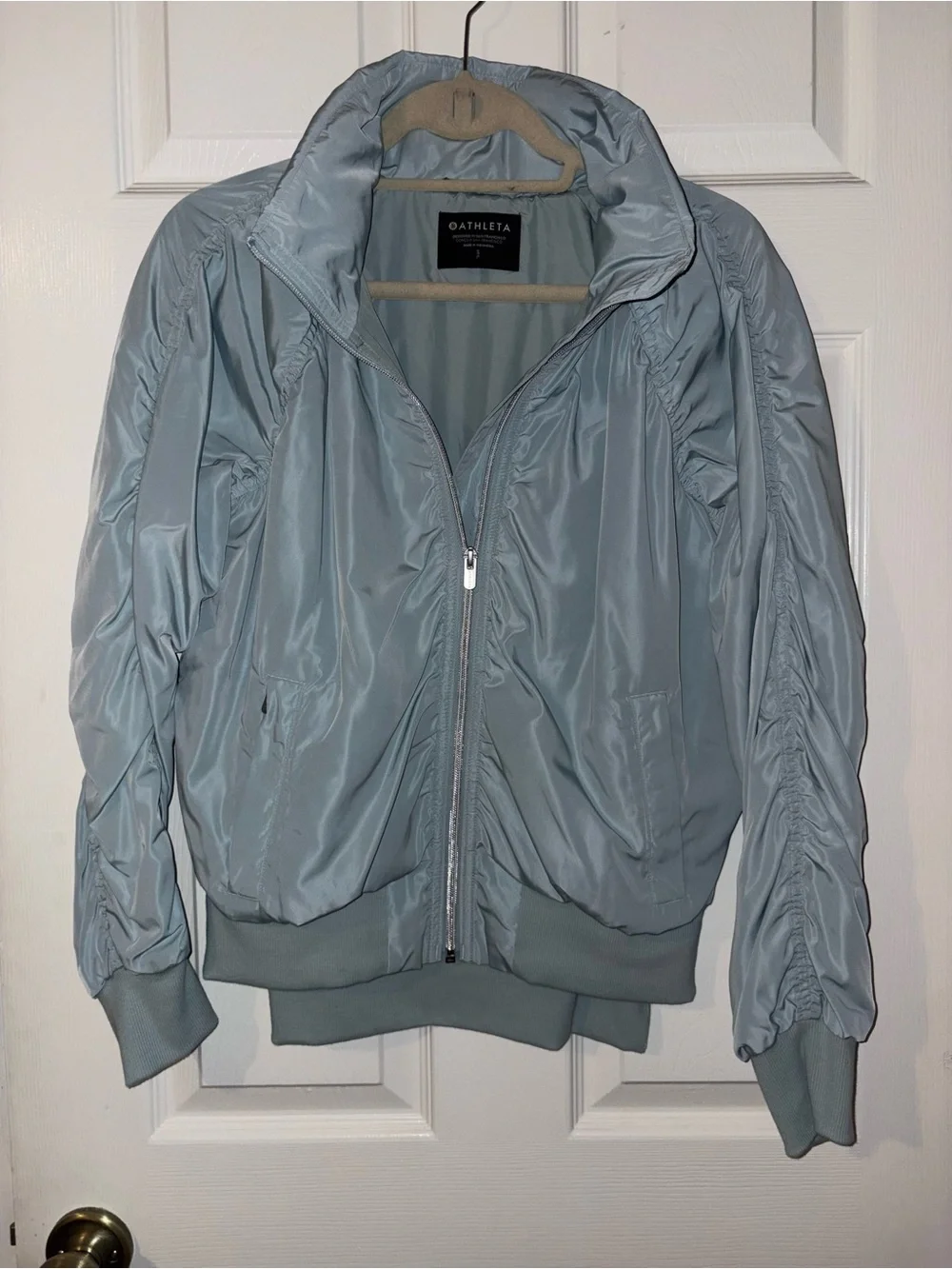 Athleta Light Blue Bomber Jacket with Ruched Sleeves - Picture 3 of 4